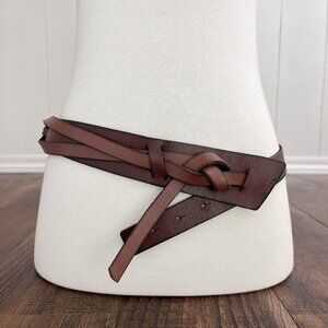 Knotted Tie Front Leather Waist Belt Adjustable Boho Hippie Size Medium Brown